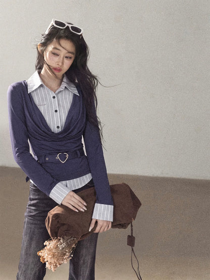 AOMALM - "Top of the Class" Navy & Black-Gray Striped Layered Long Sleeve Top (Navy / Black-Gray)