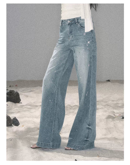 "Starlit River Shimmer" Distant Sky Blue Rhinestone Wide-Leg Jeans 65633