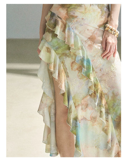 "Daisies & Poppies" Misty Meadow Off-Shoulder Lace Maxi Dress