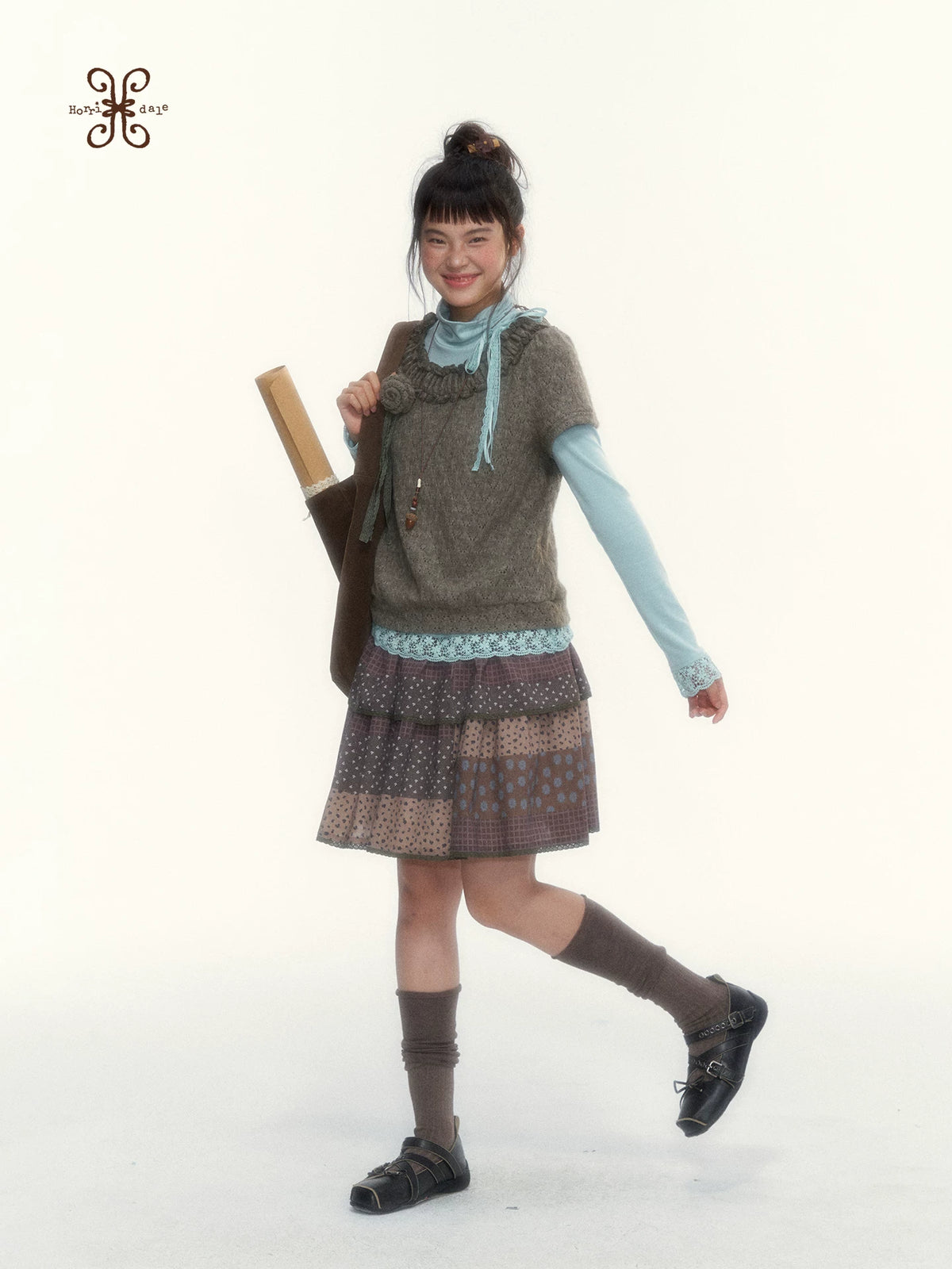 “Caramel Patchwork” Brown Patchwork Floral Plaid Lace A-Line Tiered Skirt