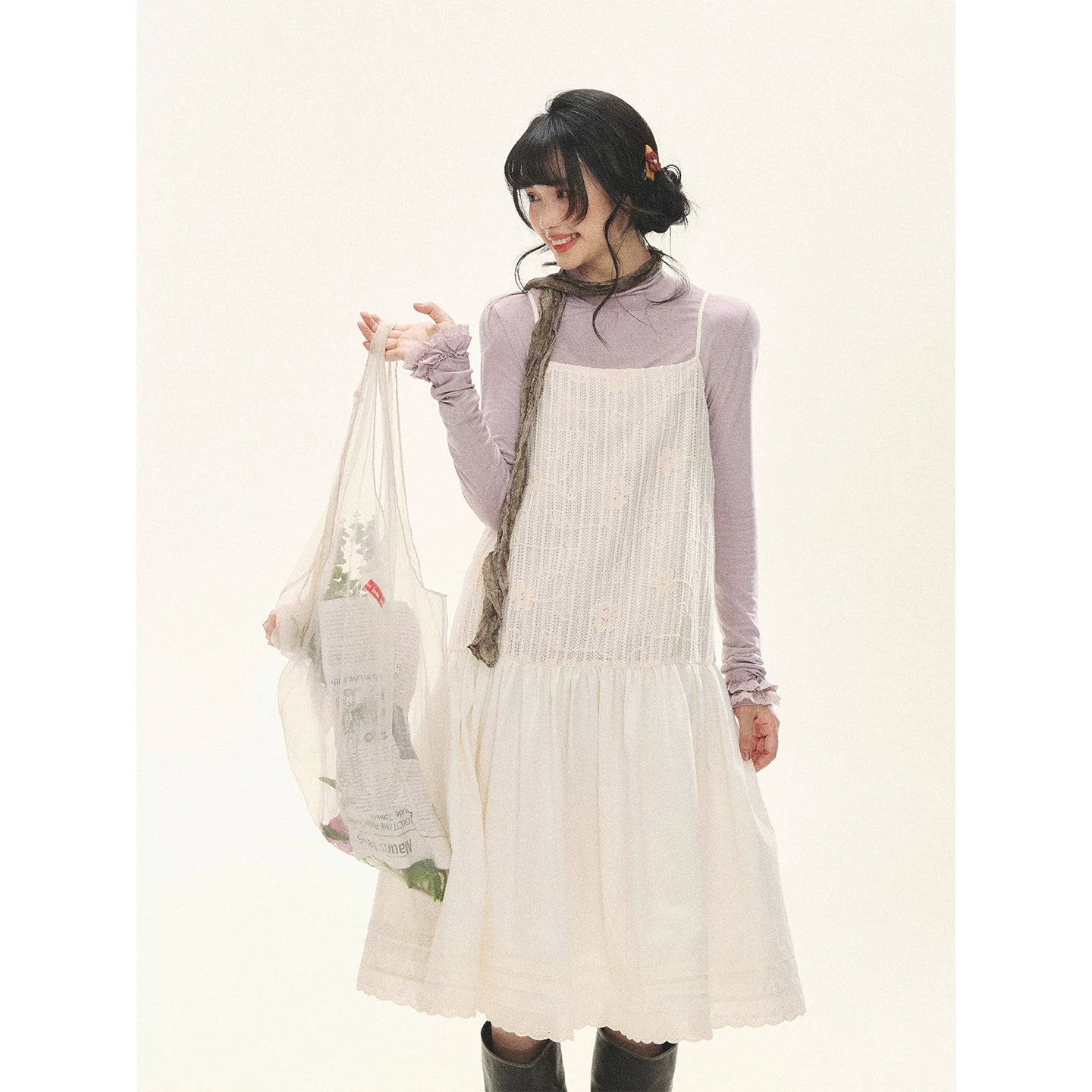 "Ivory Blossoms" Apricot Mist Beige Floral Pinafore Midi Dress