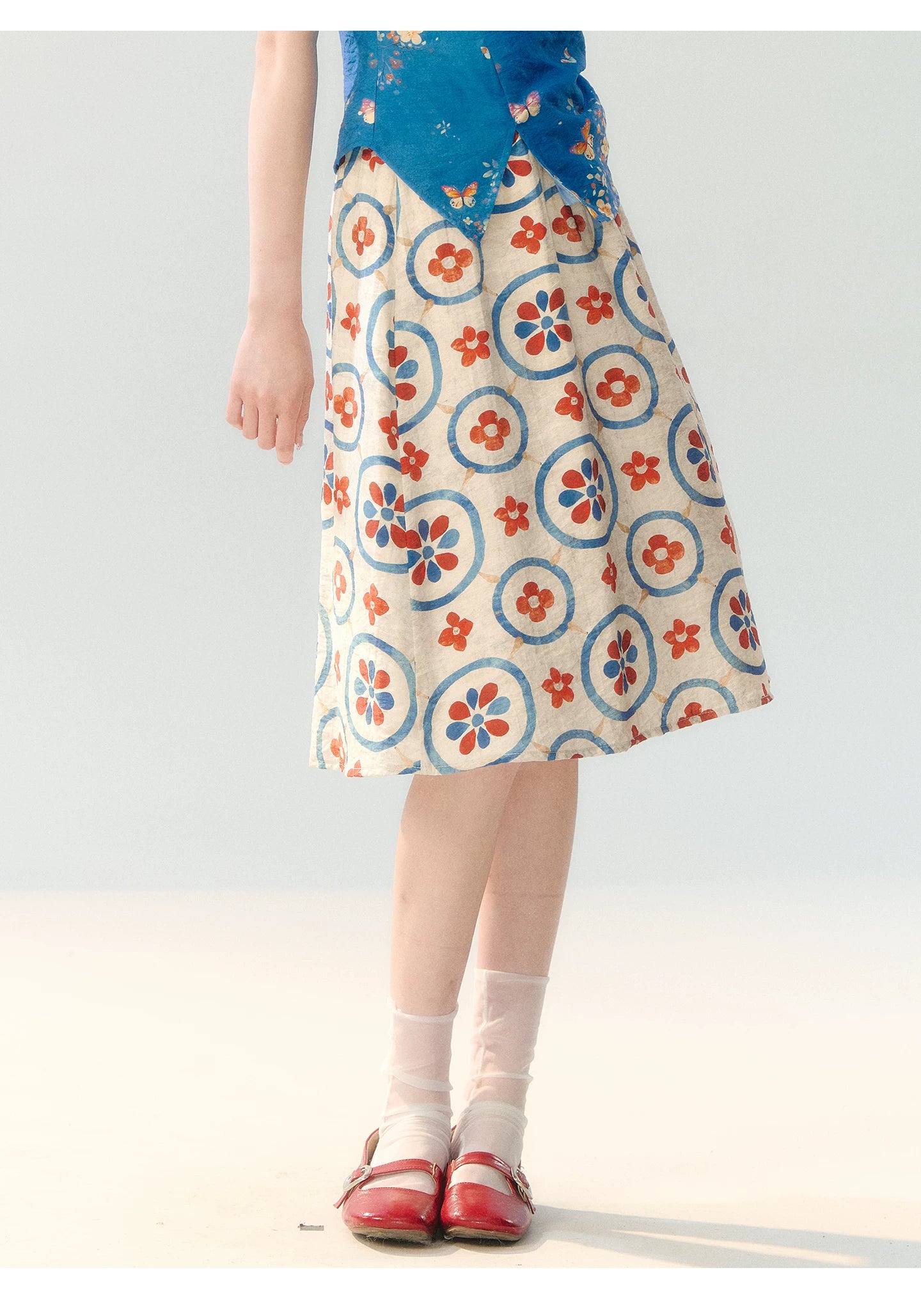 "Garden Letter" Blue Floral New Chinese Two-Piece Skirt Set