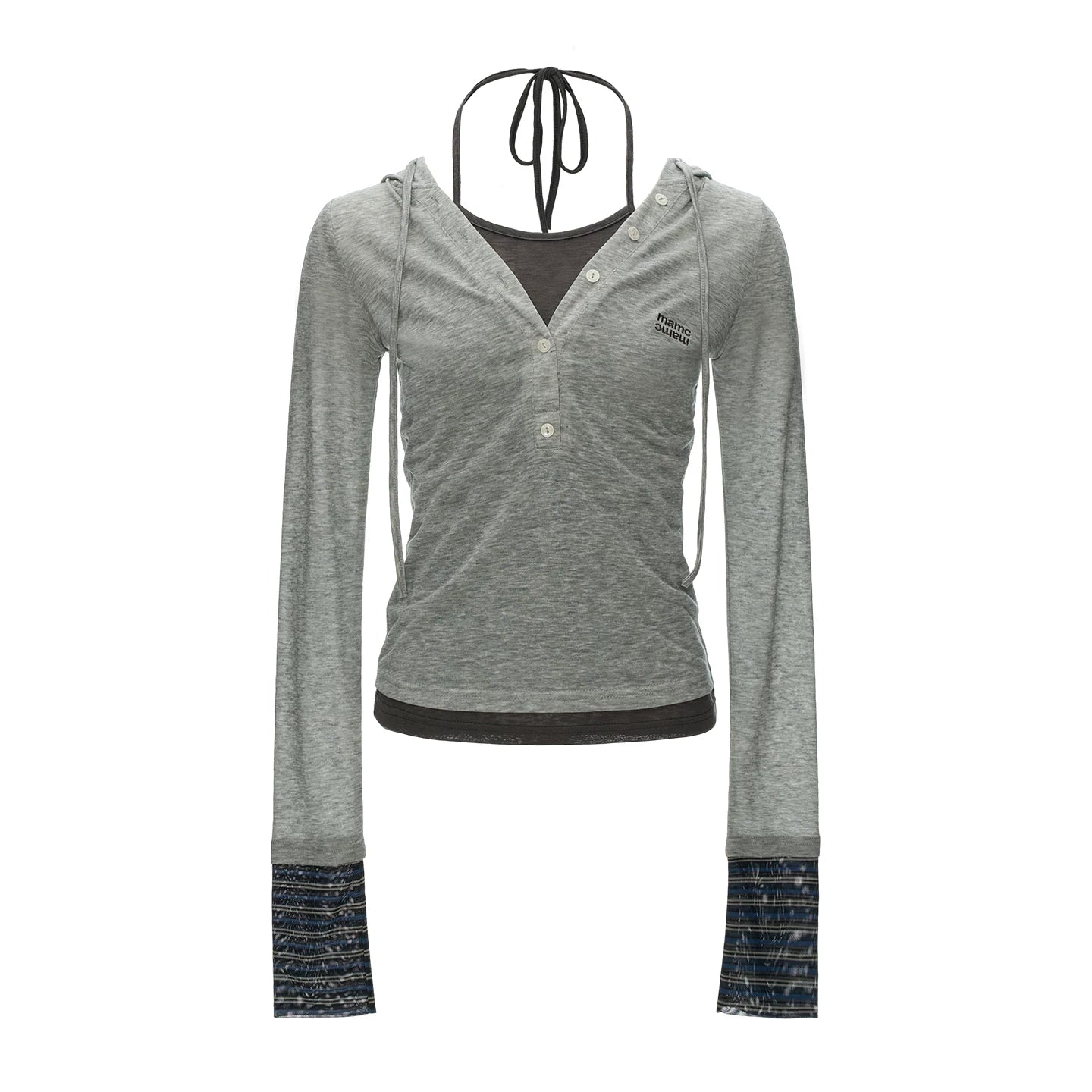 Layered Hooded Henley Long Sleeve Top (Grey/ Orange)