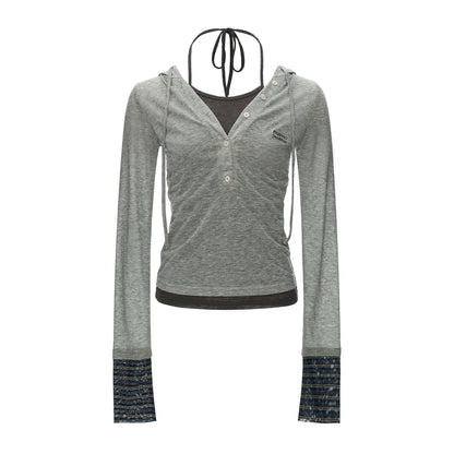 Layered Hooded Henley Long Sleeve Top (Grey/ Orange)