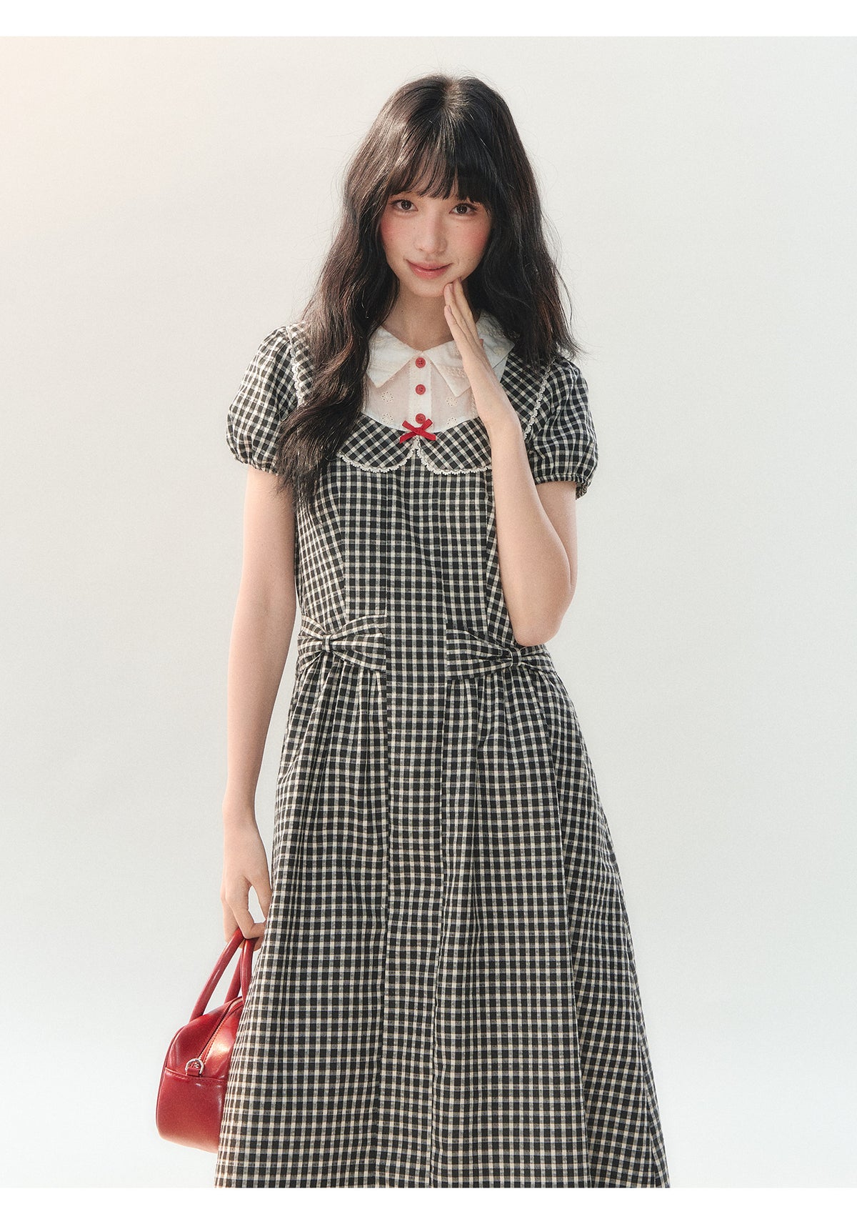 [CAN] "Black Cherry Check" Black Bow Doll Collar Dress