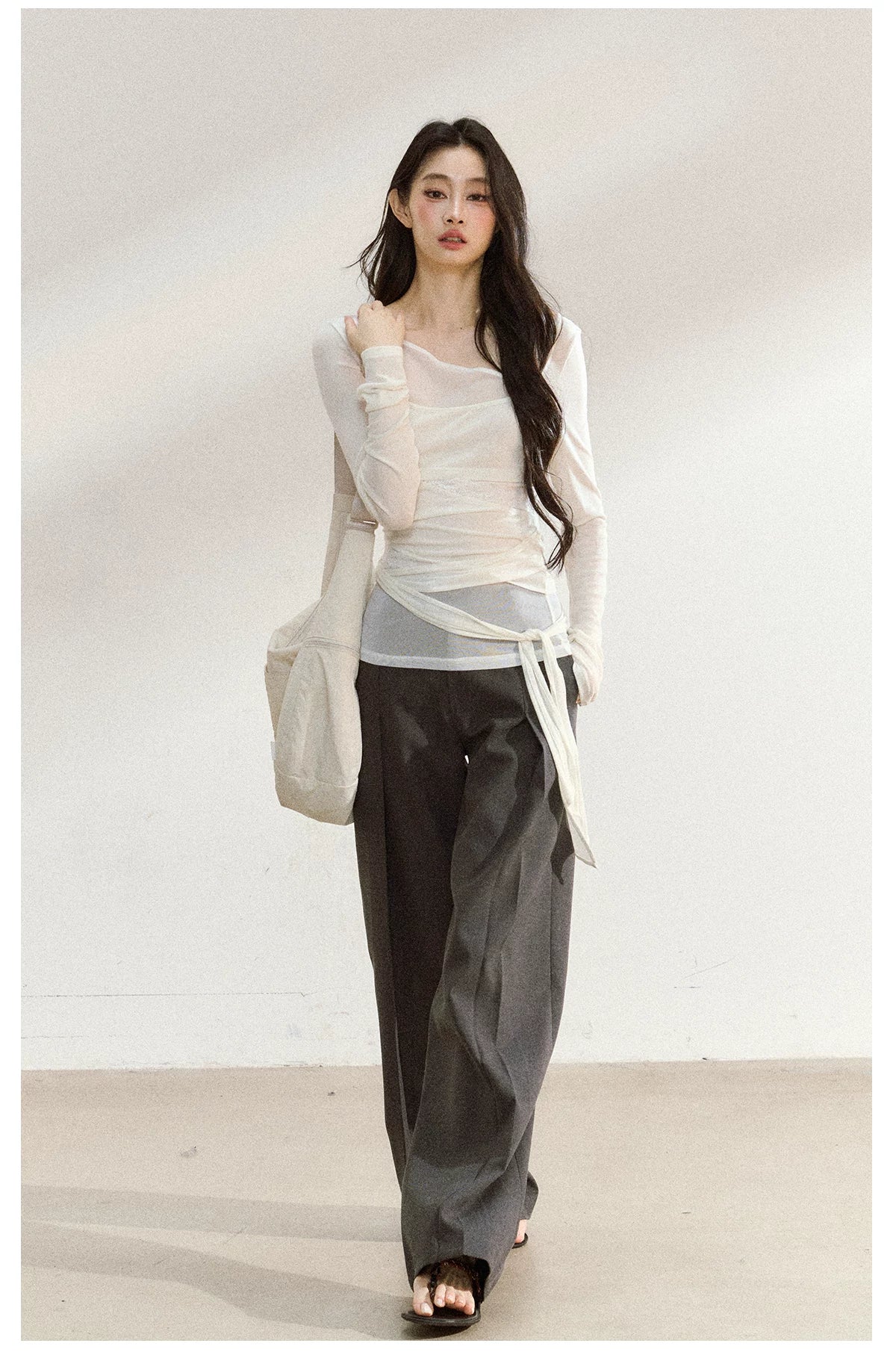 JN's DESIGN - Asymmetrical Layered Mesh Long-Sleeve Top