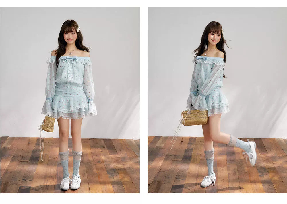 “Blue Meringue Reverie” Blue Off-Shoulder Cake Dress