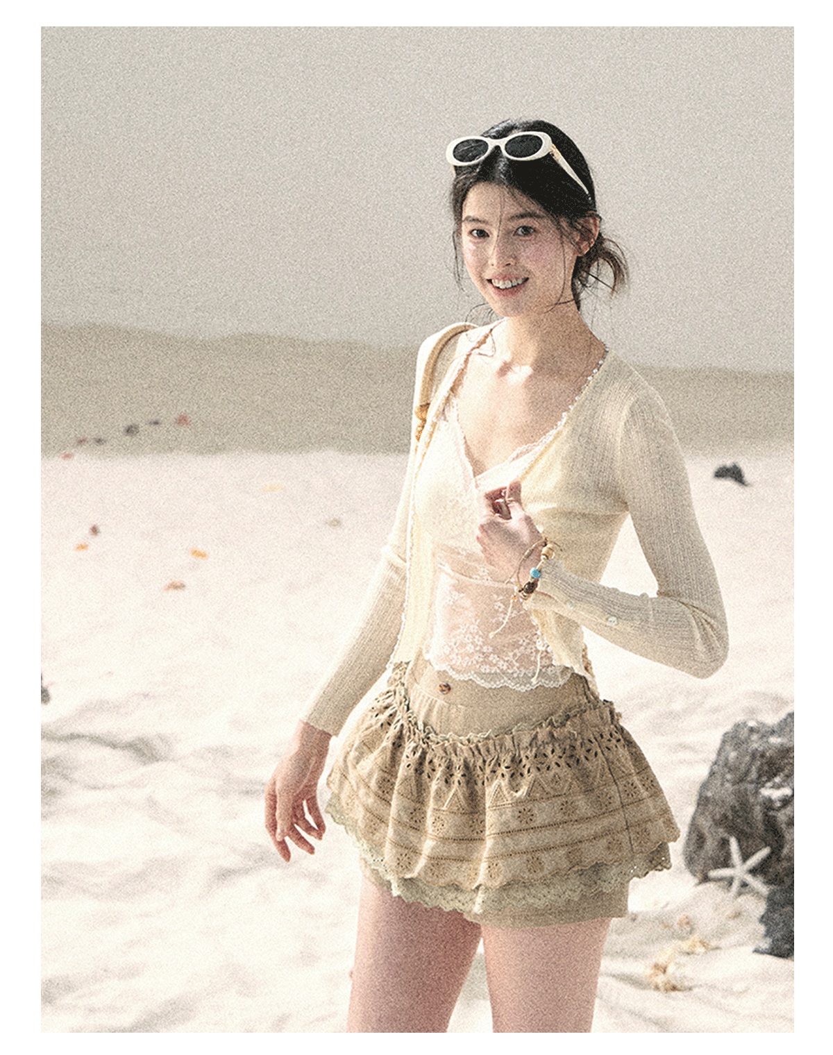 "Translucent Skin" Cream Apricot Lace Camisole Top 455335