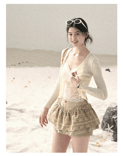 "Translucent Skin" Cream Apricot Lace Camisole Top 455335