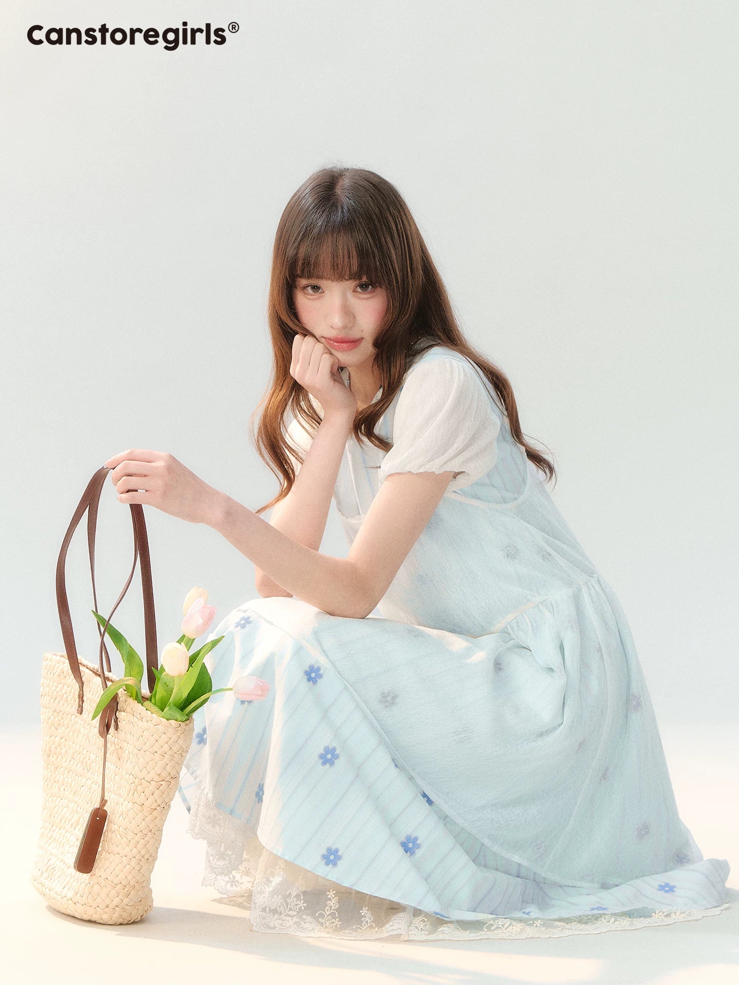 "Soft Bloom Chronicle" Blue Floral Dress & Apricot Cami Set