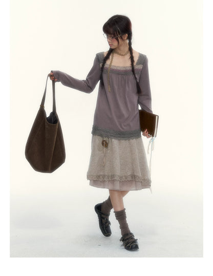 Gray Purple Lace-Trimmed Square-Neck Long-Sleeve T-Shirt