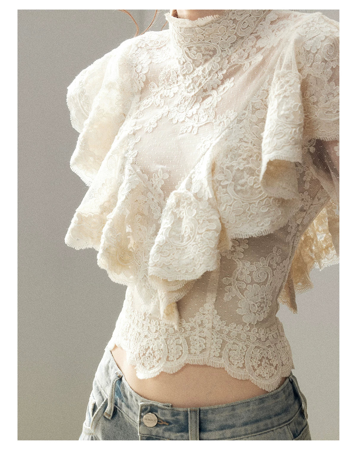 "Translucent Bloom" Dutch Cheese Lace Cropped Top