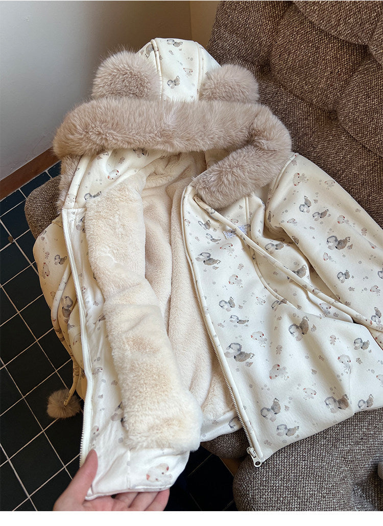 阮阮自制 - Honey Bear Ivory Plush Padded Jacket & Fleece Pants Set