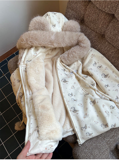 阮阮自制 - Honey Bear Ivory Plush Padded Jacket & Fleece Pants Set