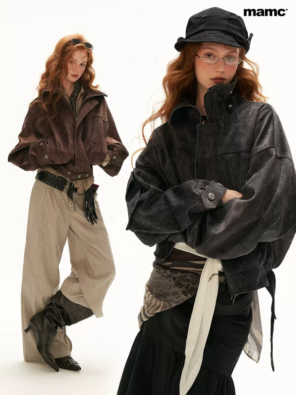 MAMC - Y2K Textured Faux-Hair Cropped Jacket (Gray / Brown)