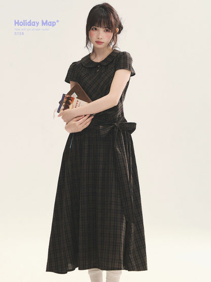 "Vintage Scholar" Black Brown Plaid Bow Tie Peter Pan Collar Maxi Dress