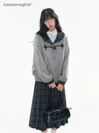 [CAN] Navy Plaid Pleated A-Line Midi Skirt