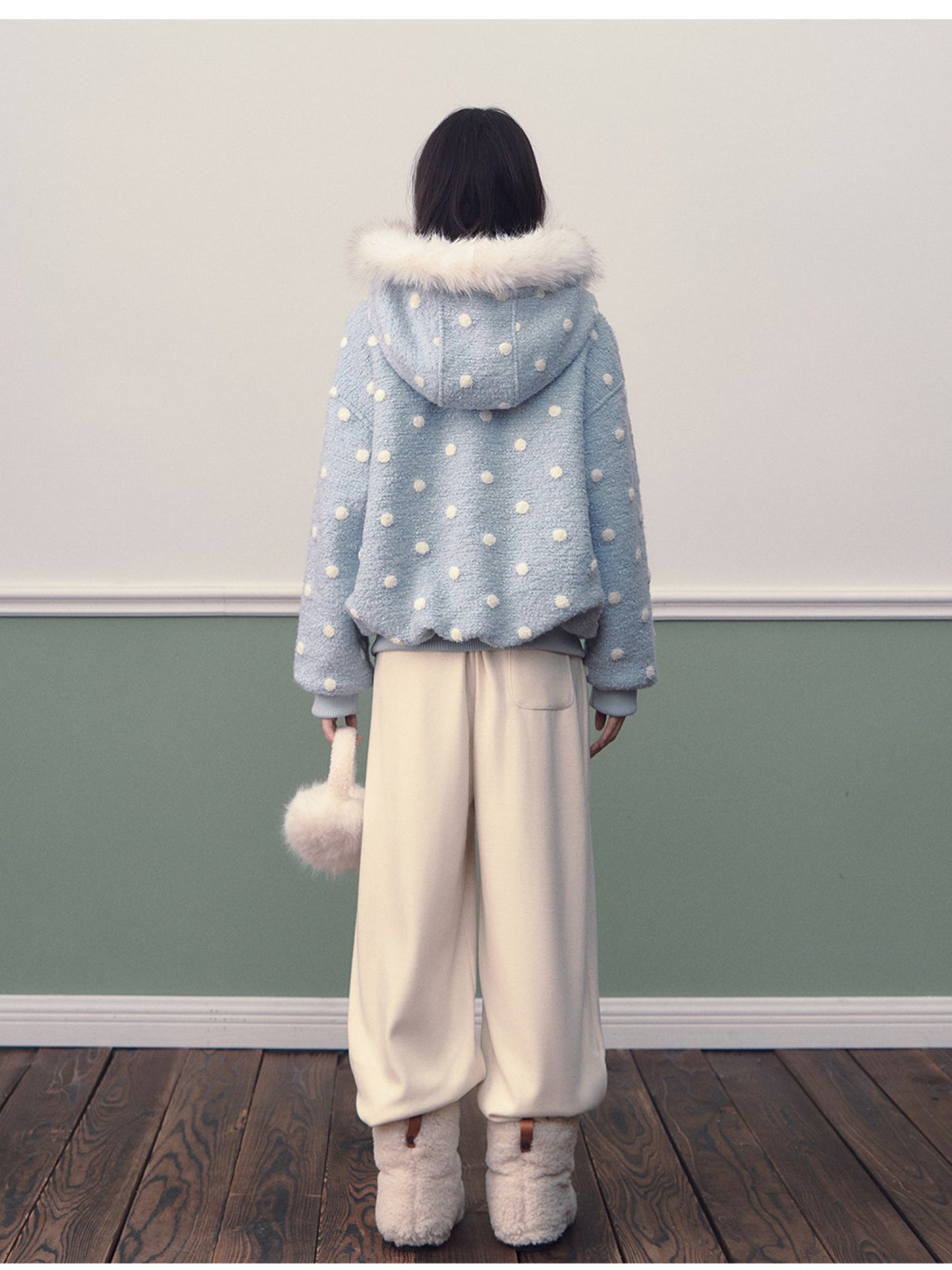 Soote Season - Pastel Blue Polka Dot Wool-Blend Hooded Varsity Jacket with Bow Detail