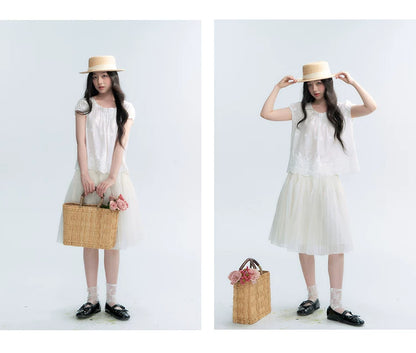"Light Steps" Oat Apricot Pleated Lace Midi Skirt