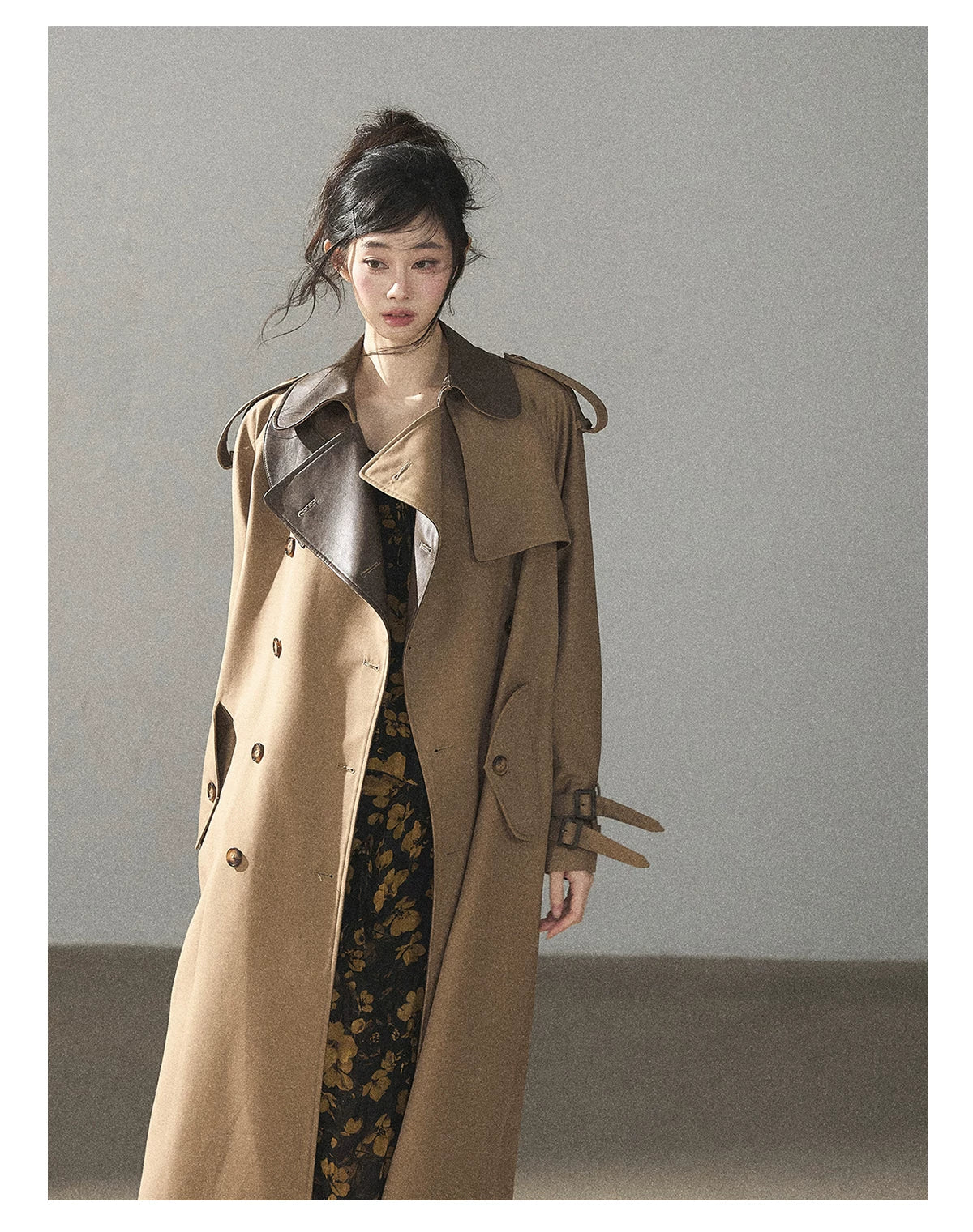 AOMALM - Chestnut Brown Long A-Line Trench Coat with Belt