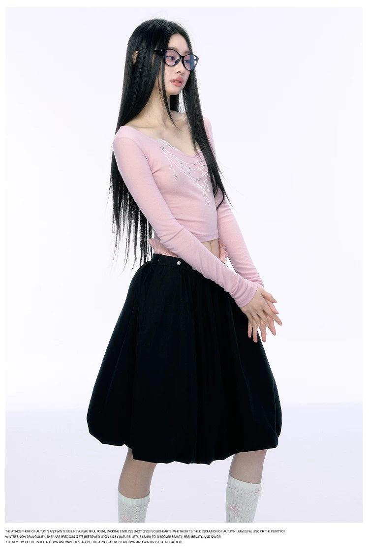 JN's DESIGN - Fitted Lace Long-Sleeve Top with Pearl Rhinestones