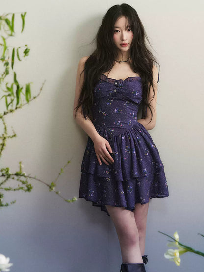 1P - Deep Purple Floral Chiffon Tiered Mini Dress