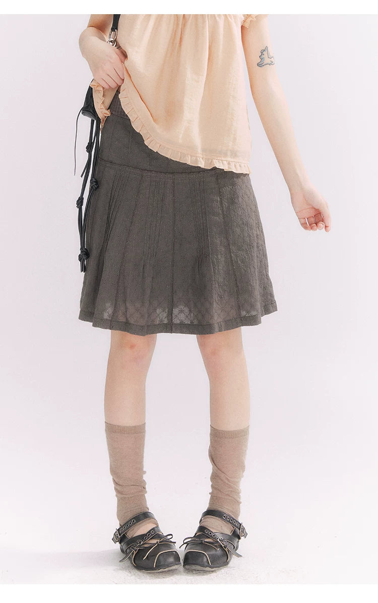 “Misty Texture” Gray Plaid Trim Embroidered A-Line Skirt