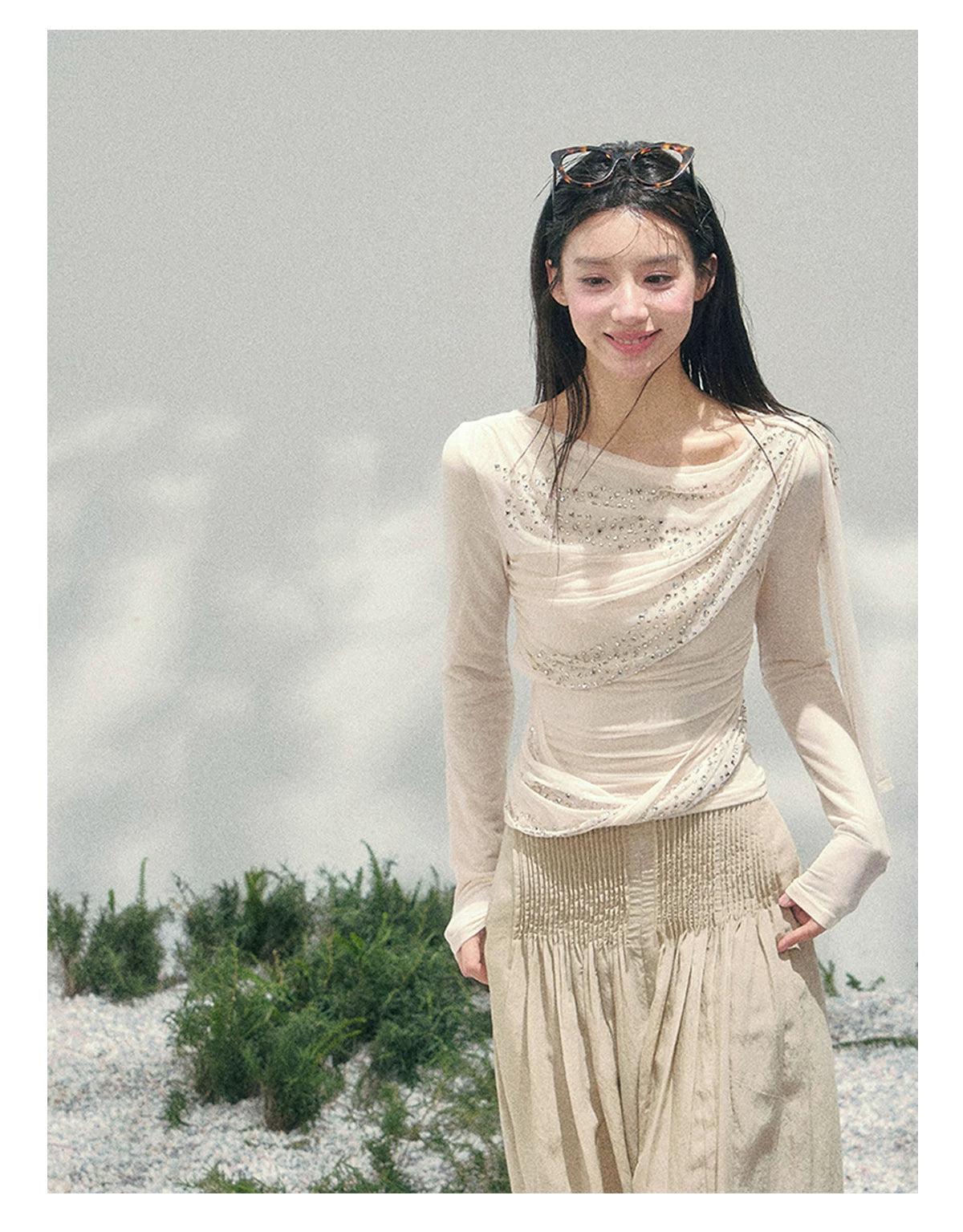 “Frosted Kiss” Milk Apricot Mesh Waist-Cinched Top