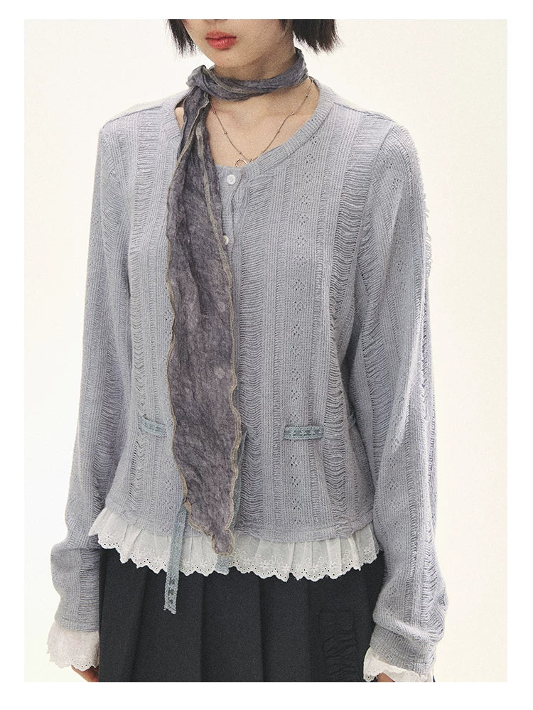 "Wisteria Whisper" Open-Knit Lace Tie Cardigan (Wisteria/ Ivory)