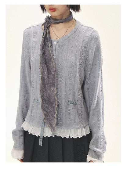 "Wisteria Whisper" Open-Knit Lace Tie Cardigan (Wisteria/ Ivory)
