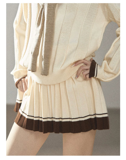 AOMALM - Dutch Cheese Knit Top & Pleated Mini Skirt Set with Khaki Shawl