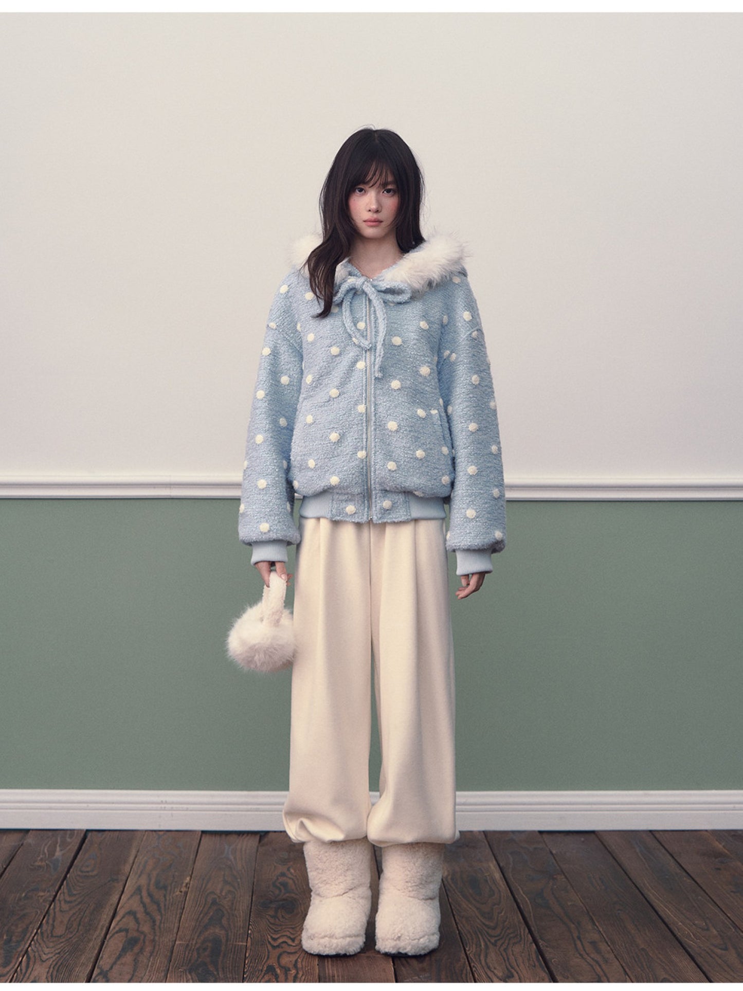 Soote Season - Pastel Blue Polka Dot Wool-Blend Hooded Varsity Jacket with Bow Detail