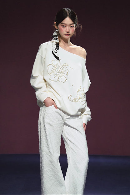 "Pearl Reverie" Pearl Embellished Convertible Off-Shoulder Sweatshirt (Red/ White)