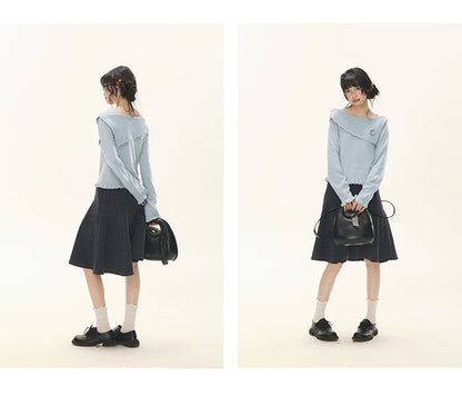 "Sea Salt Bloom" Sea Salt Blue Off-Shoulder Ruffle Knit Sweater