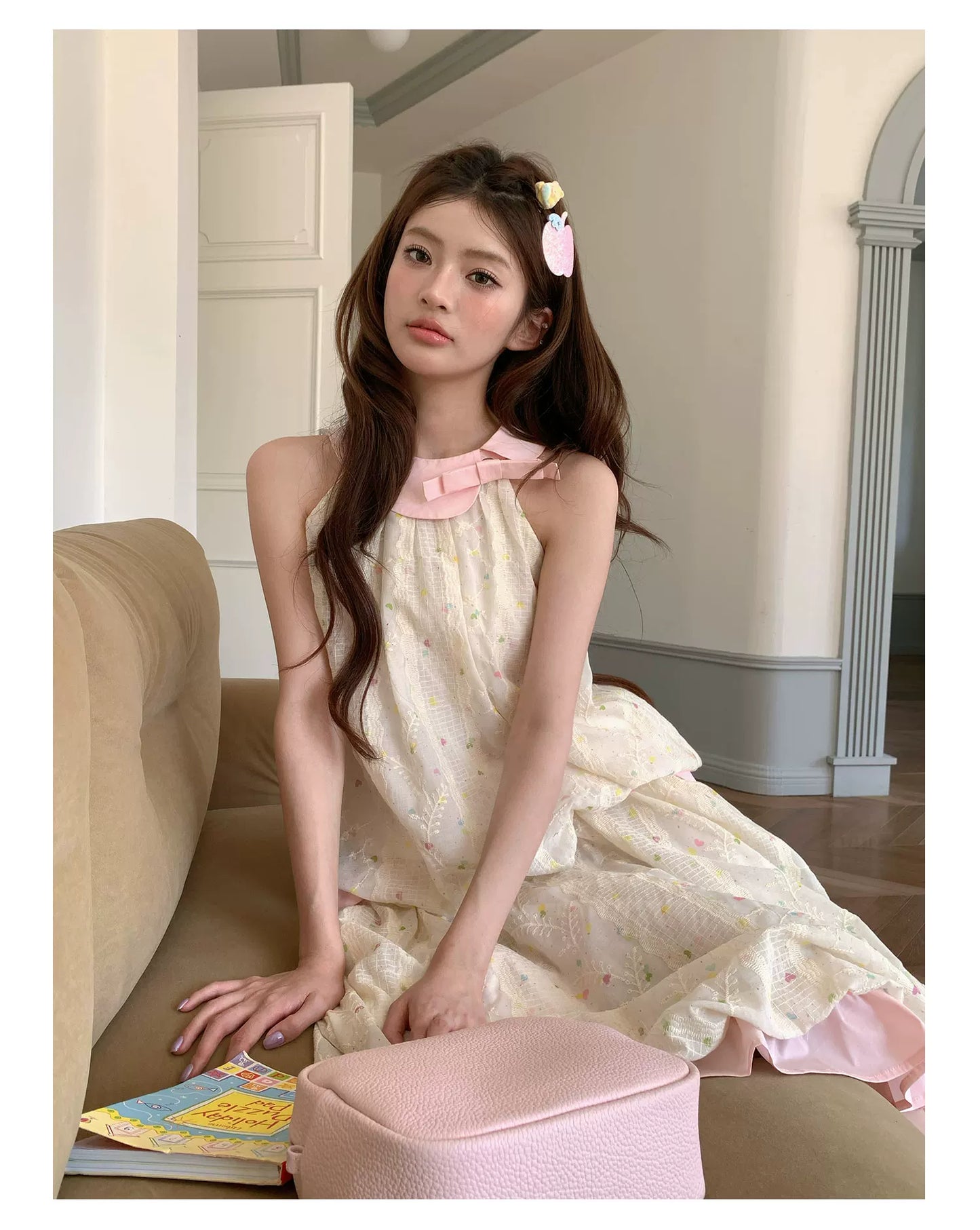 “Peach Cream Brioche” Cream Apricot Floral Bubble Skirt Set