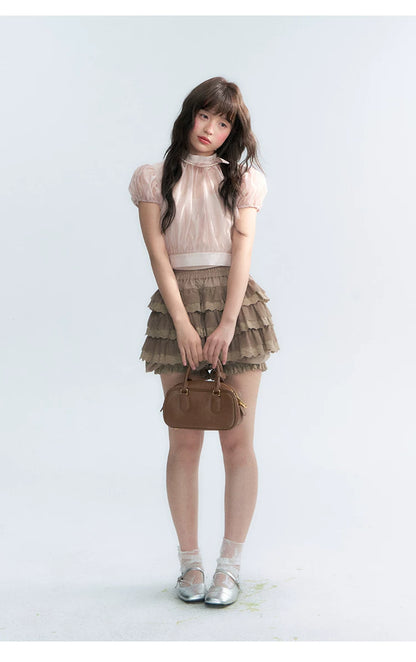 Vintage Stand Collar Bow Puff Sleeve Waist-Cinching Blouse with Knit Cami Set