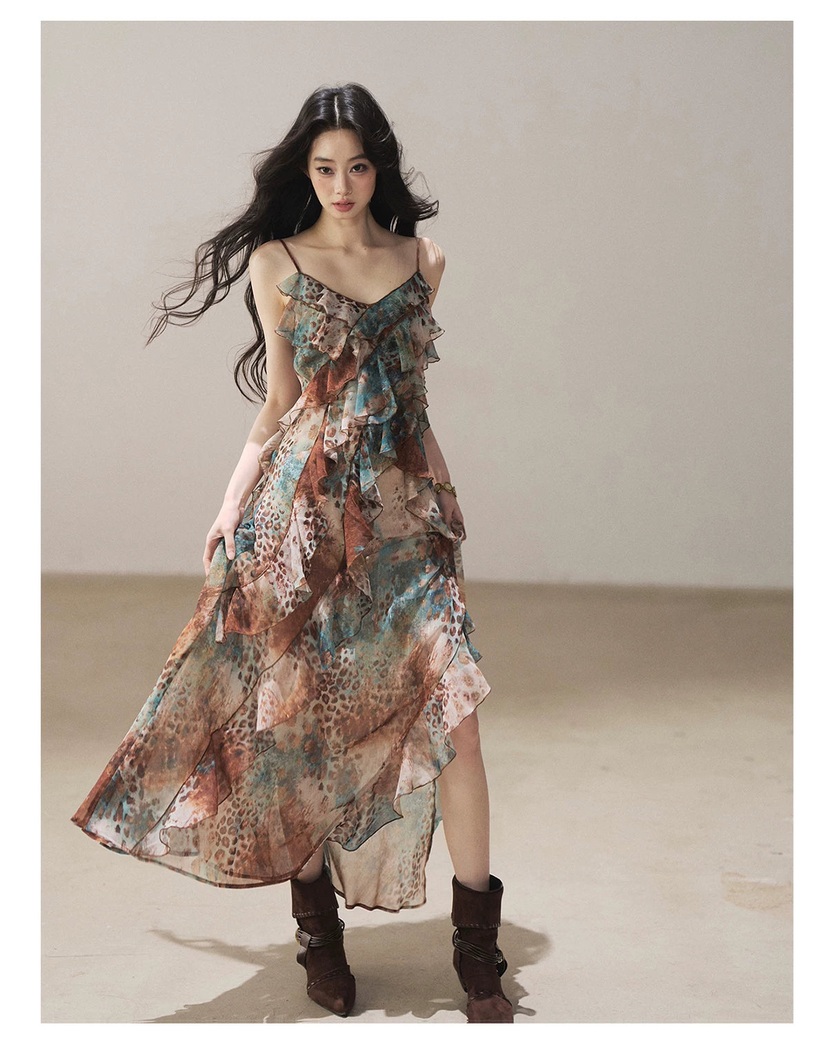 "She Never Looks Back" Peacock Blue Leopard Chiffon Maxi Dress