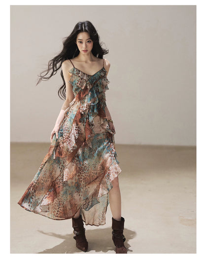 "She Never Looks Back" Peacock Blue Leopard Chiffon Maxi Dress