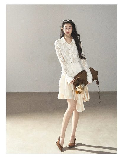 AOMALM - "Vine Texture" Dutch Cream French Lace Polo Collar Cutout Cropped Top
