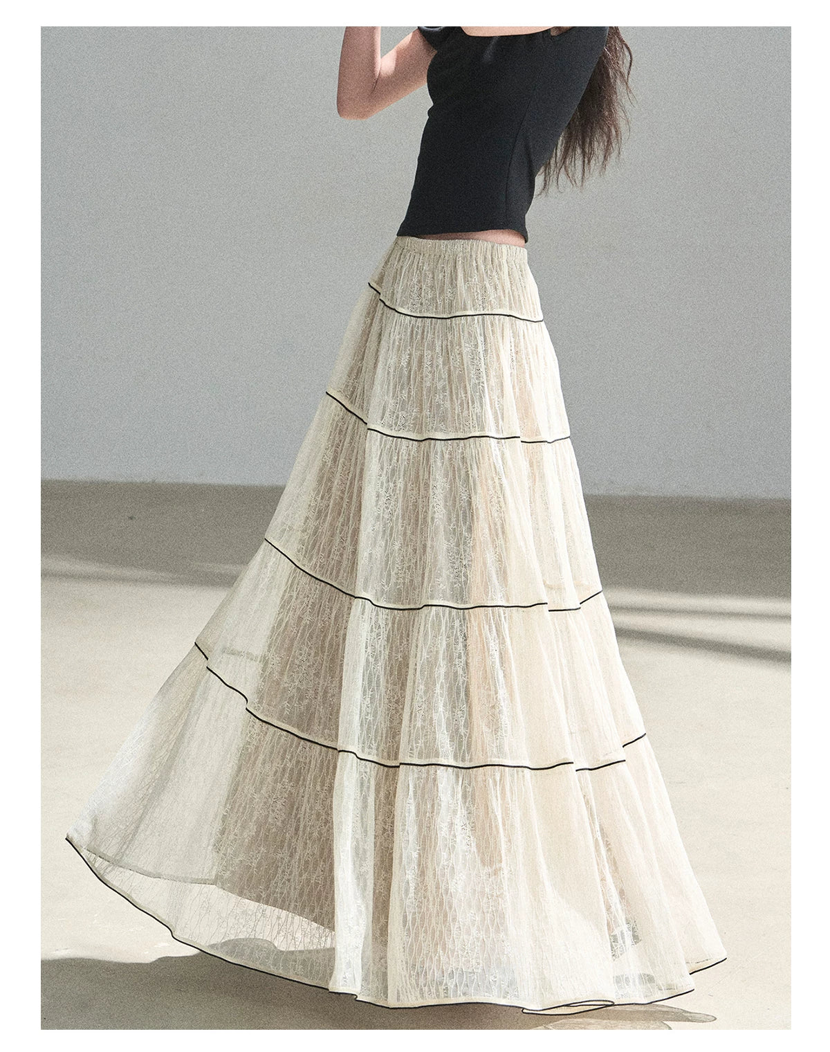 "Mist Through the Woods" Creamy Apricot White Lace Maxi A-Line Skirt