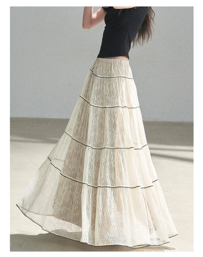 "Mist Through the Woods" Creamy Apricot White Lace Maxi A-Line Skirt