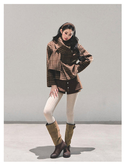 少也眼 “Twilight Forest" Woolen Oversized Coat - Plaid Brown