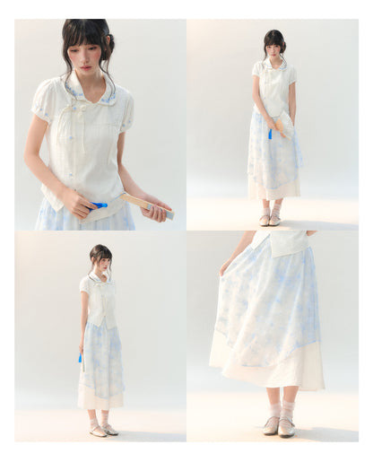 [CAN] "Butterfly Whispers" Embroidered Puff Sleeve Skirt Set
