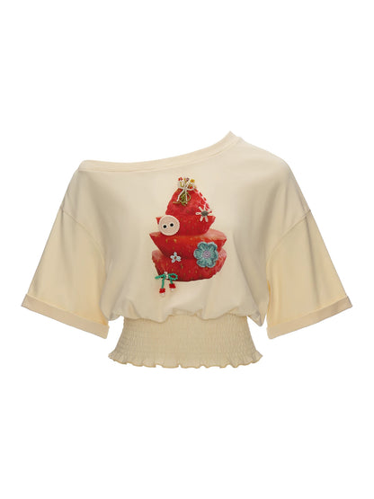 "Strawberry Tart Muse" Off-Shoulder Cropped T-shirt WE939