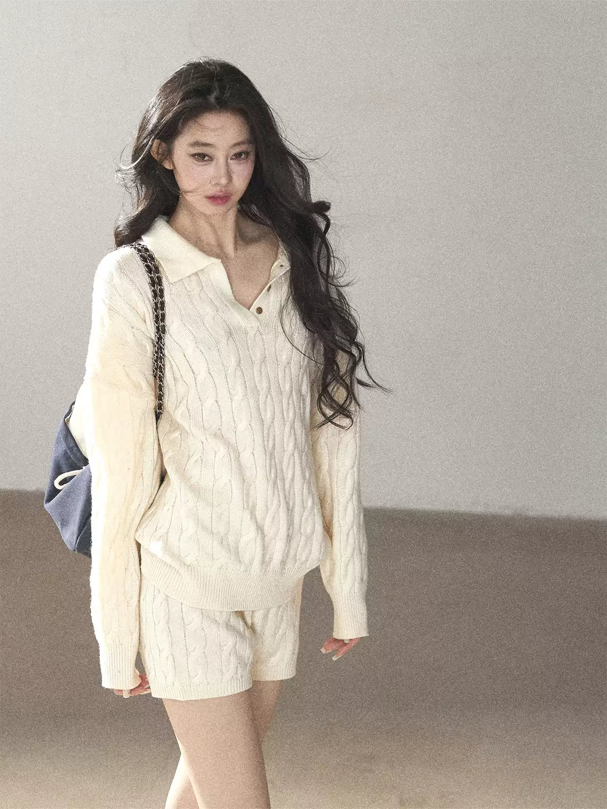 AOMALM - Dutch Cream Cable Knit Sweater & Shorts Set with Shawl