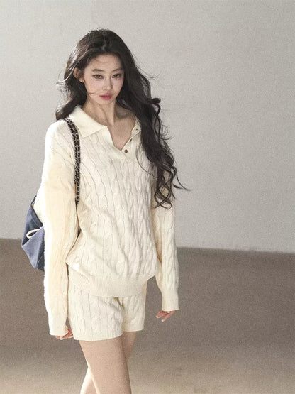 AOMALM - Dutch Cream Cable Knit Sweater & Shorts Set with Shawl