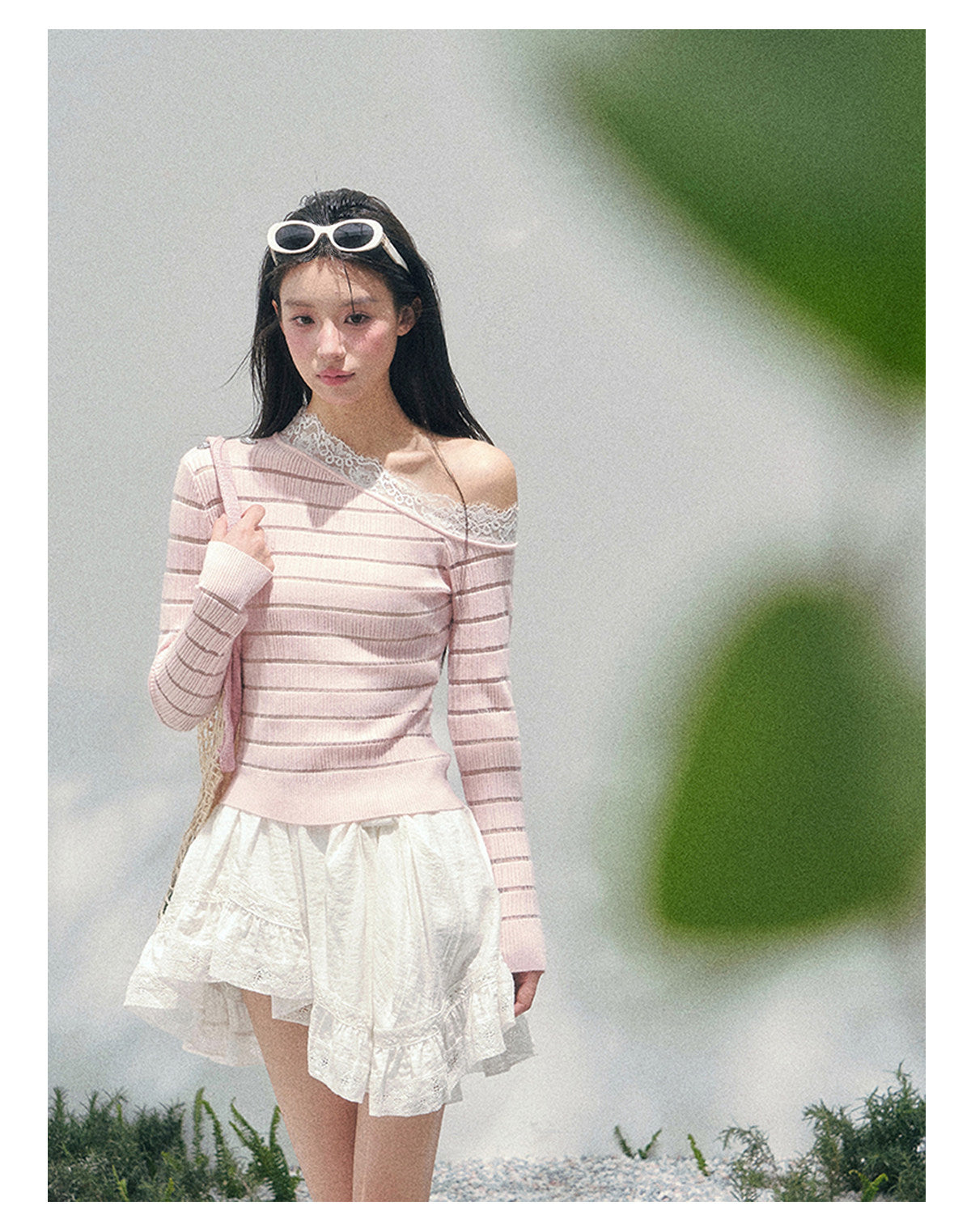 少也眼 “A Gentle Glance” One-Shoulder Lace Knit Long-Sleeve Top - Soft Pink 43552