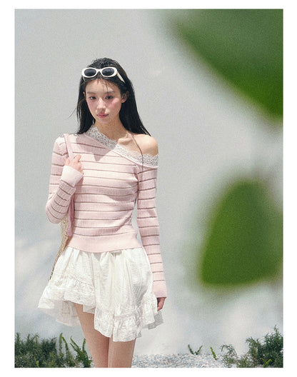 少也眼 “A Gentle Glance” One-Shoulder Lace Knit Long-Sleeve Top - Soft Pink 43552