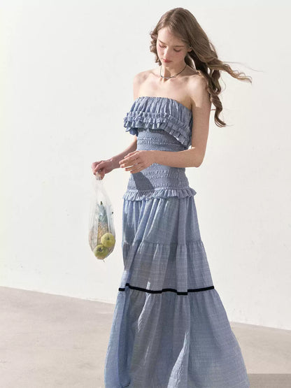 "Twilight Verses" Misty Blue Smocked Ruffle Maxi Dress