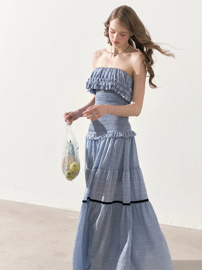 "Twilight Verses" Misty Blue Smocked Ruffle Maxi Dress